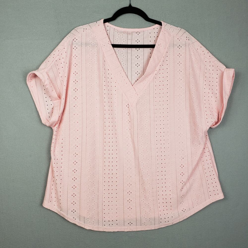 V-Neck‎ Laser Cut Tee Shirt Light Pastel Pink Breathable Office Casual Size 3XL